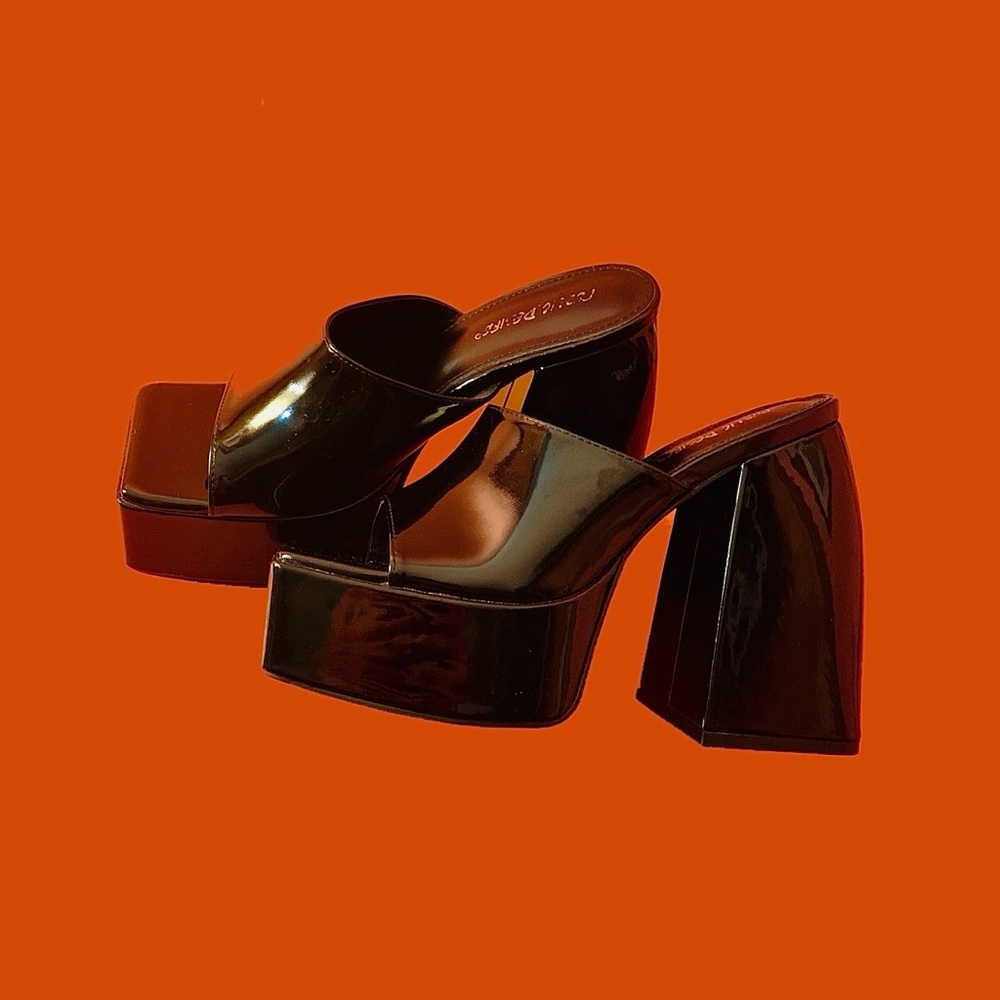 Public Desire Black, Faux Patent Leather Platform Square-Toe Mules Women's 8